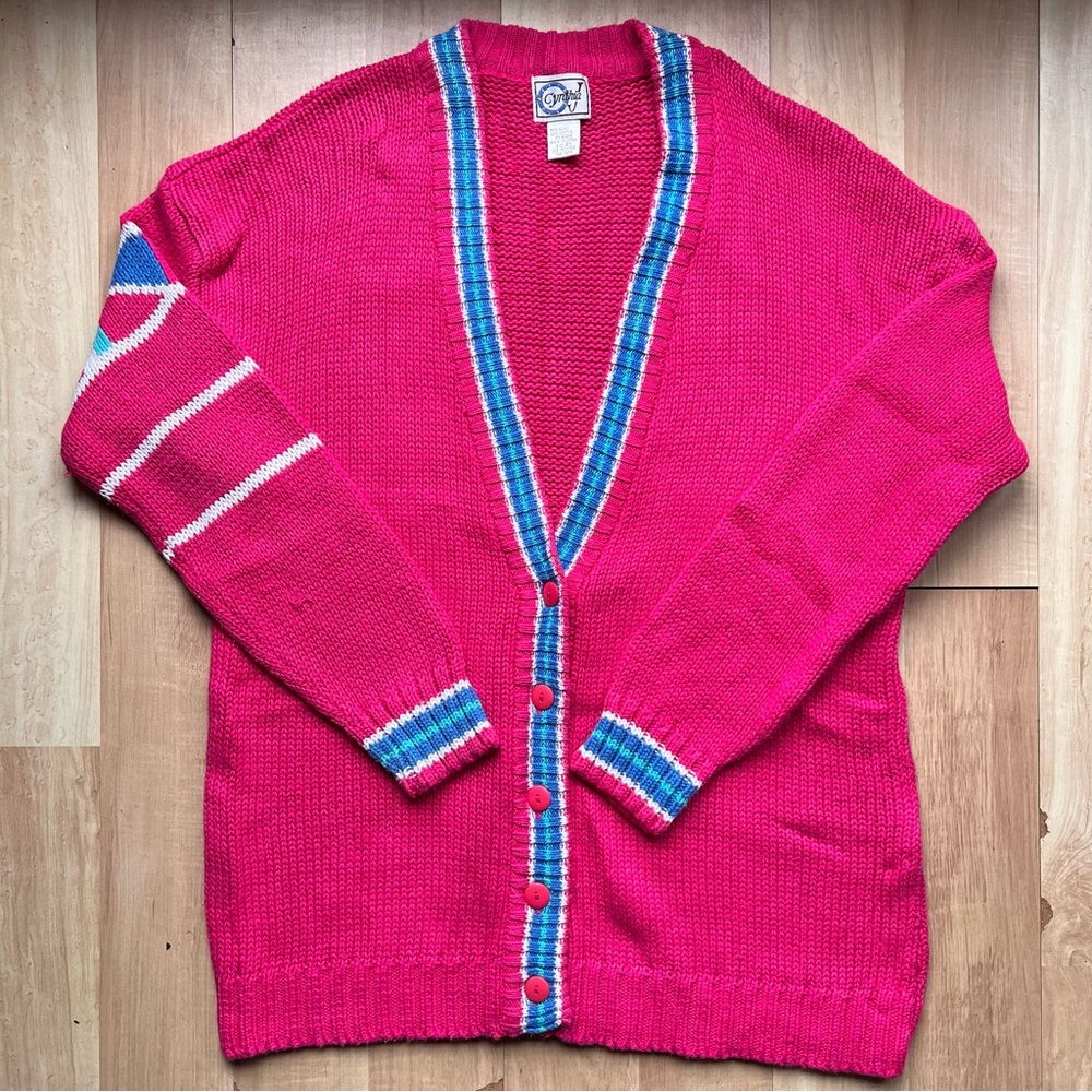 Vintage Cynthia J pink cotton blend varsity style chunky button down sweater